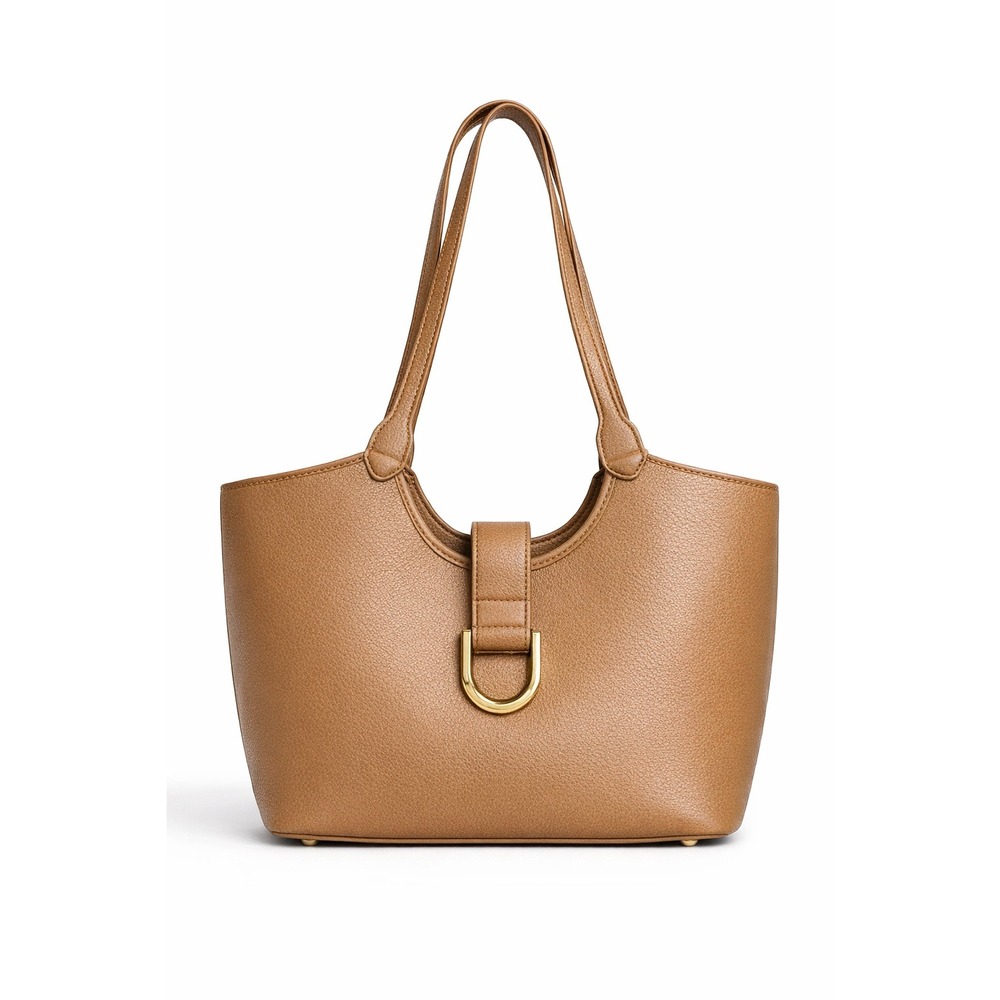Tan Brown Pebbled Vegan Leather Tote Bag Gold‎ D-Ring Buckle Shoulder Bag